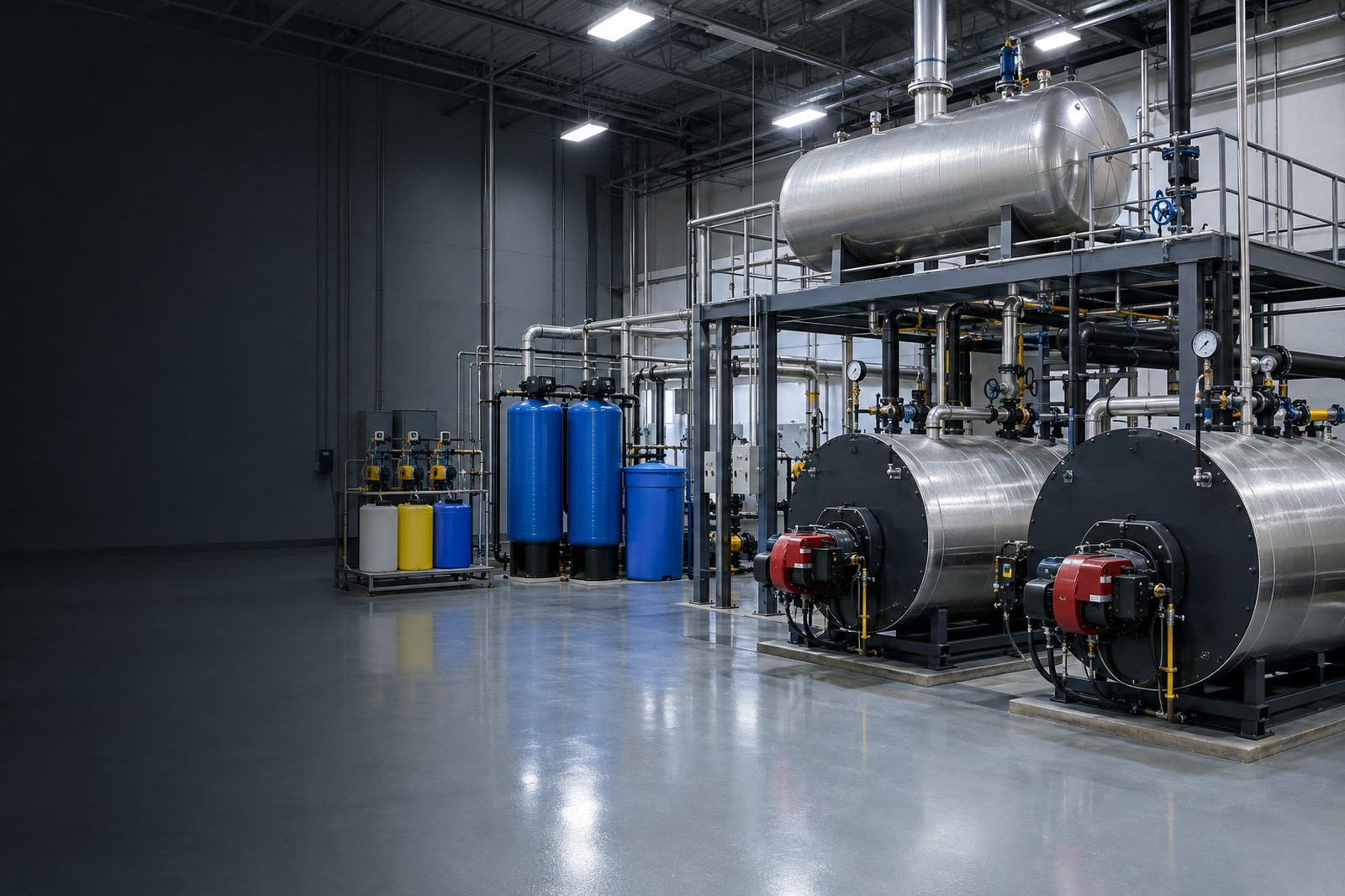 Food plant boiler room with firetube steam boilers, an elevated deaerator, and a twin water softener