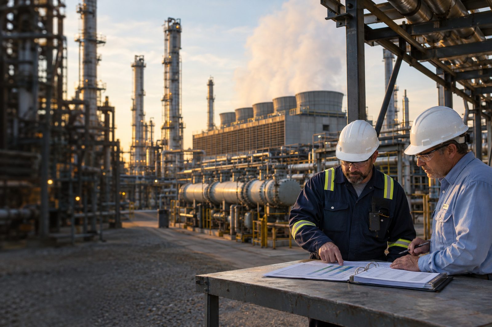 Refinery operations manager and water consultant reviewing a bid scorecard beside heat exchangers and a cooling tower